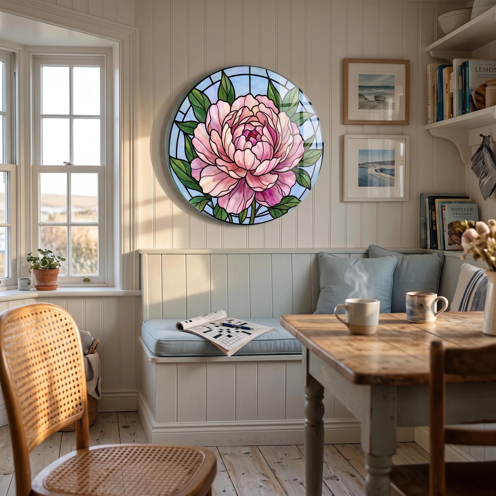 Stained Glass Peony Floral Round Tempered Glass Wall Art — 3