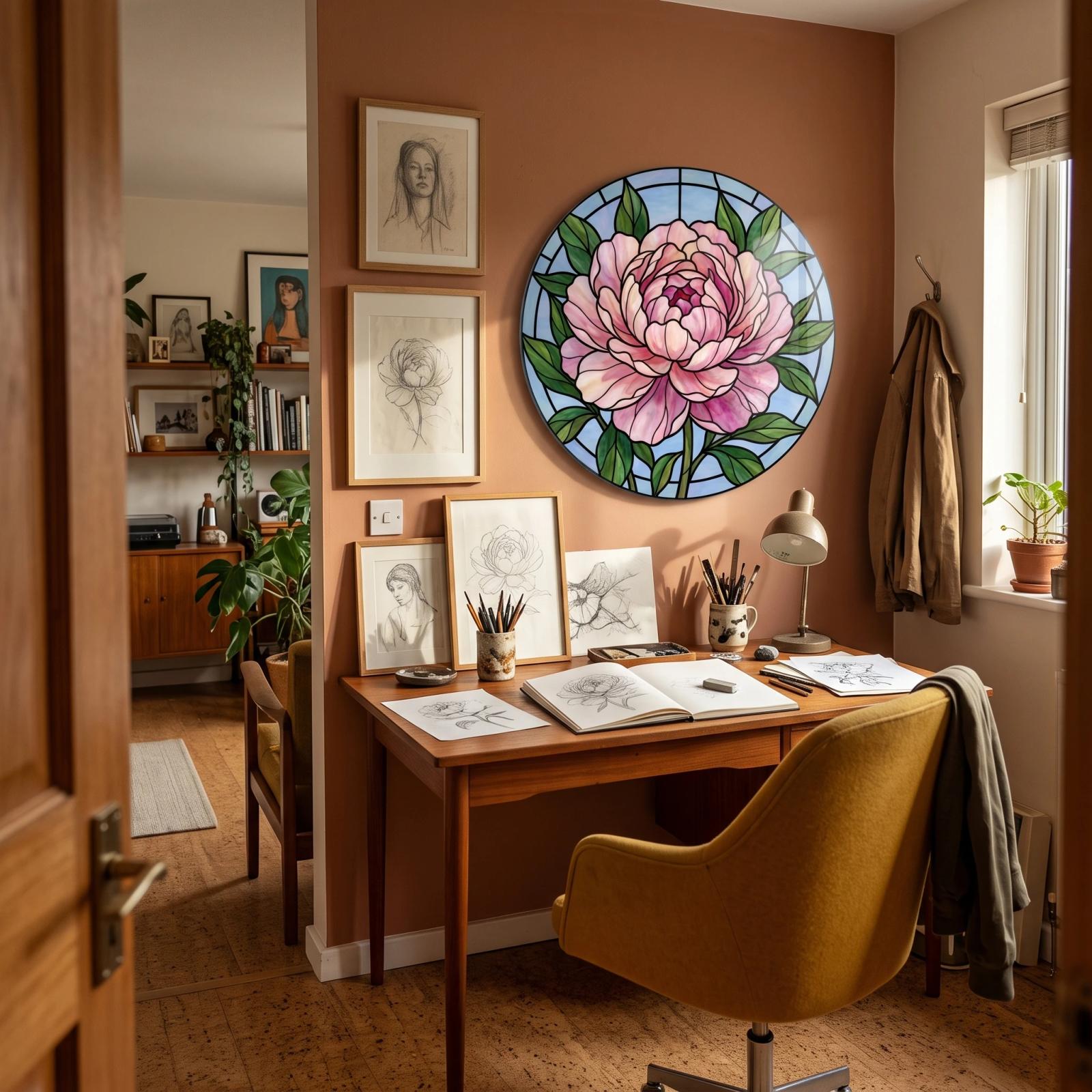 Stained Glass Peony Floral Round Tempered Glass Wall Art — 5