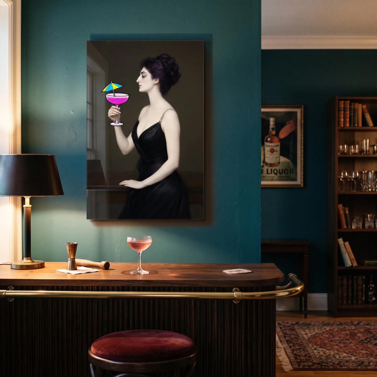 Pop Art Portrait Glass Wall Art Cocktail Woman Glass Wall Decor