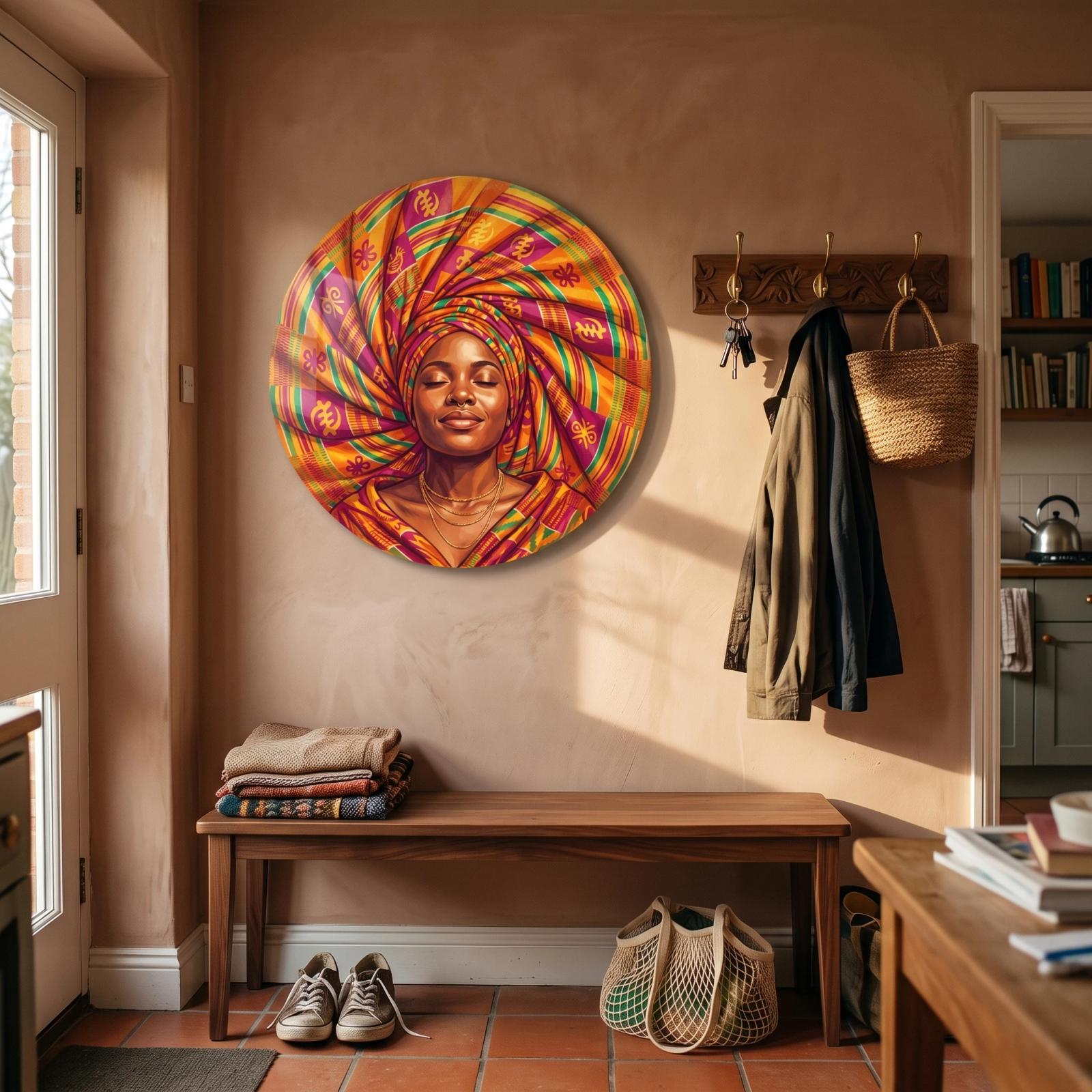 African Woman Portrait Kente Headwrap Glass Wall Art