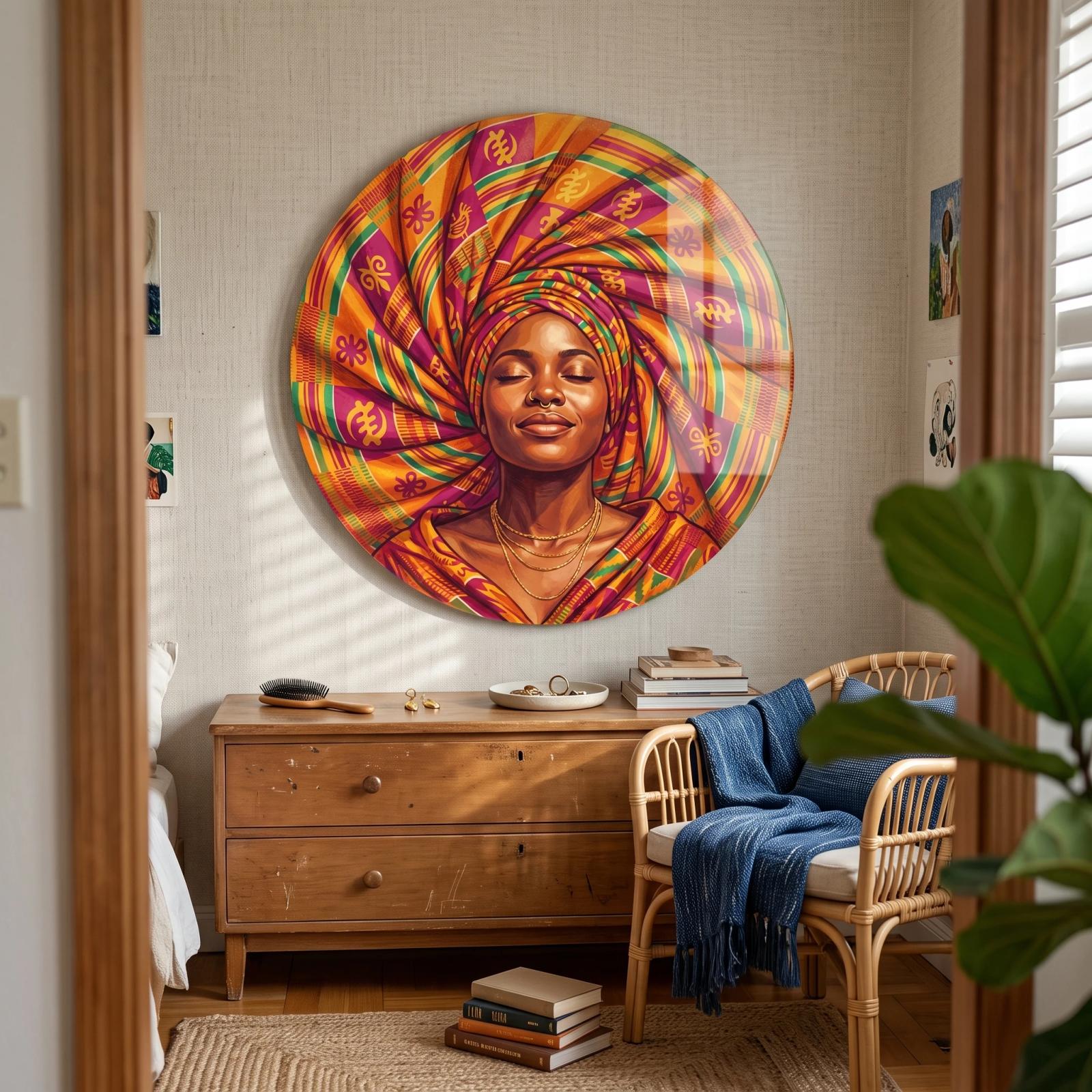 African Woman Portrait Kente Headwrap Glass Wall Art — 2