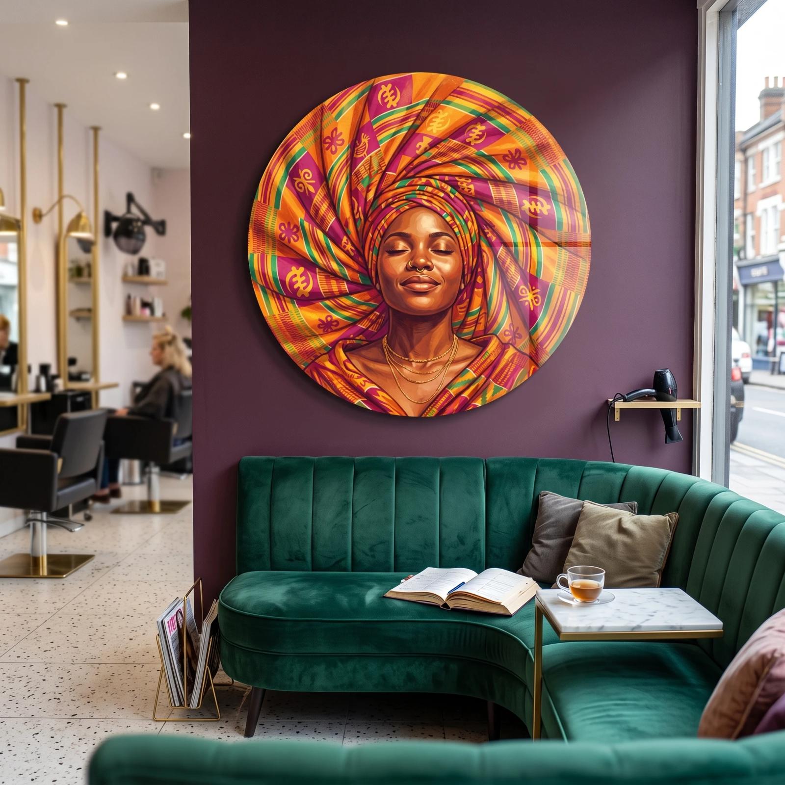African Woman Portrait Kente Headwrap Glass Wall Art — 3