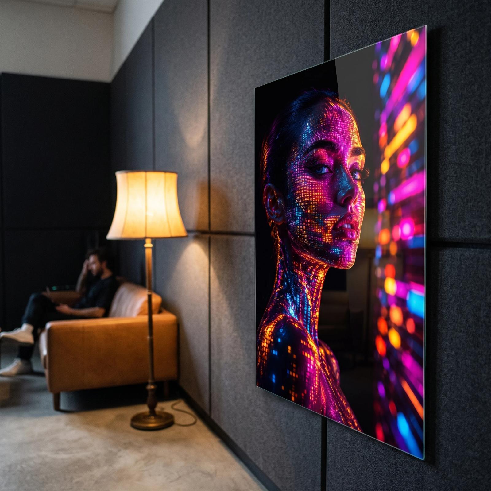Neon Portrait Glass Wall Art Digital Woman | Glass Wall Art