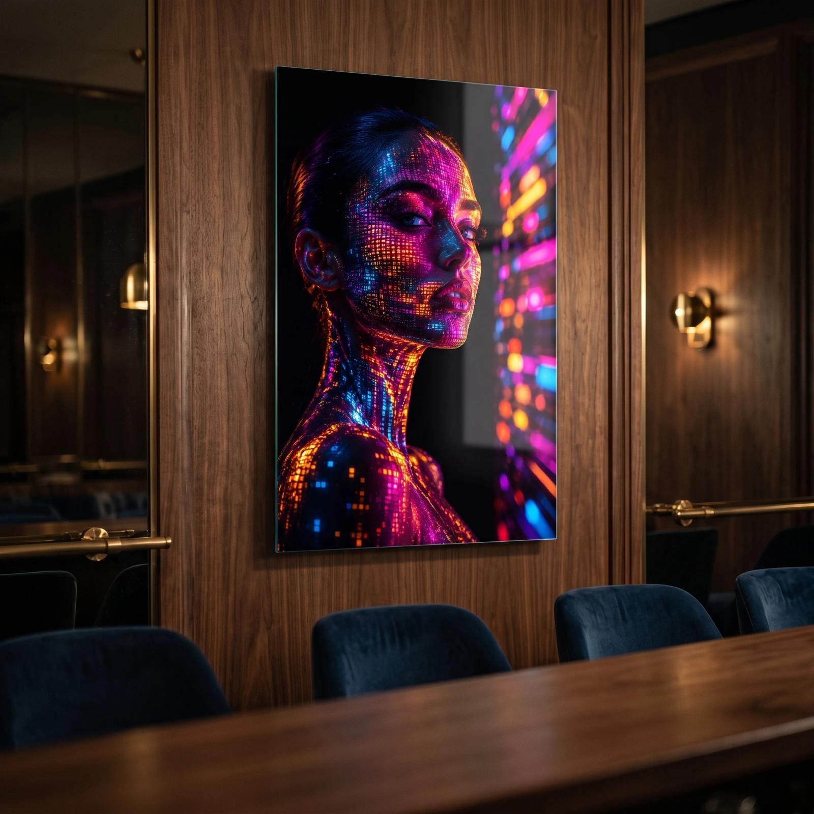 Neon Portrait Glass Wall Art Digital Woman | Glass Wall Art — 2