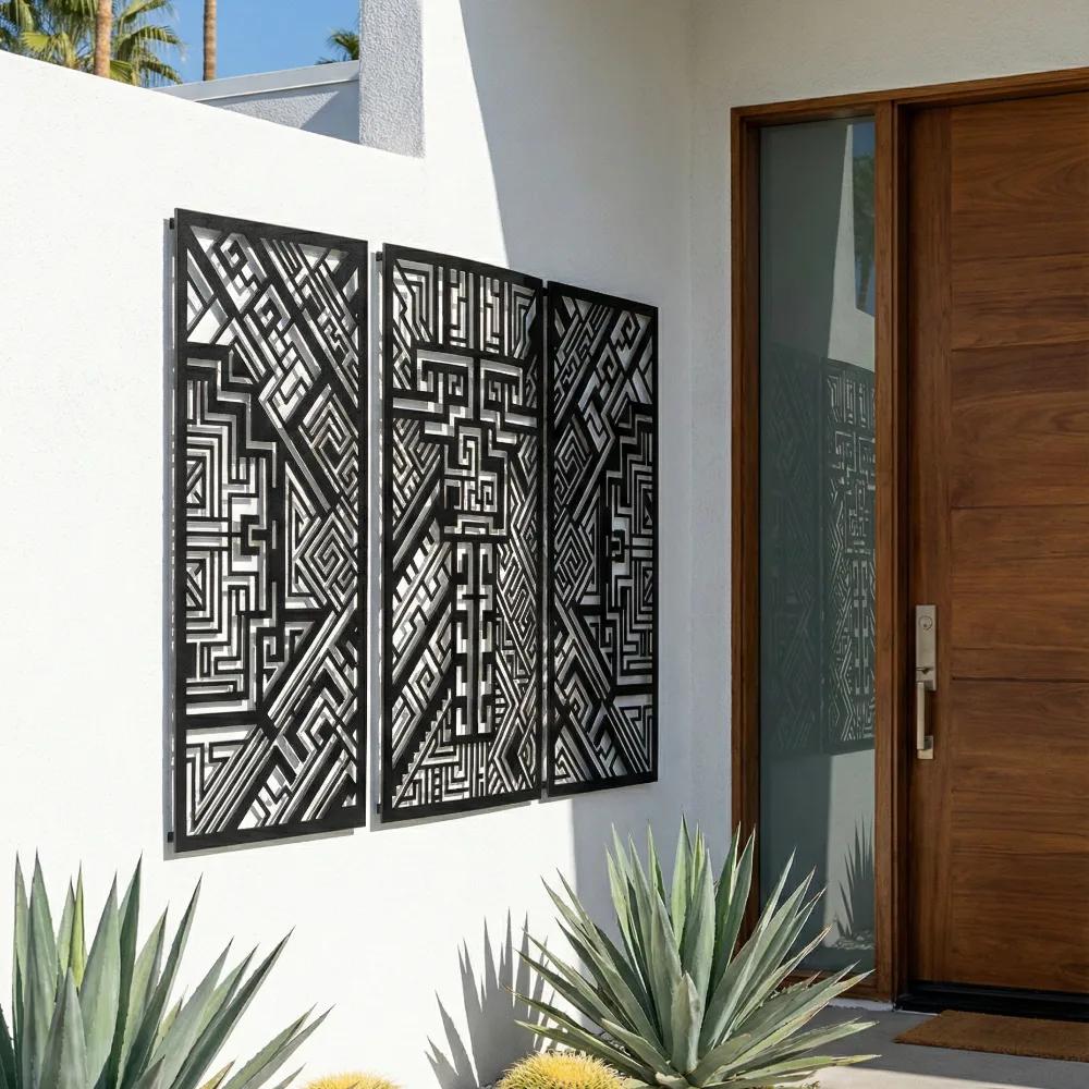 Geometric Aztec Metal Wall Art – Tribal Triptych, Living Room Statement Decor — 2