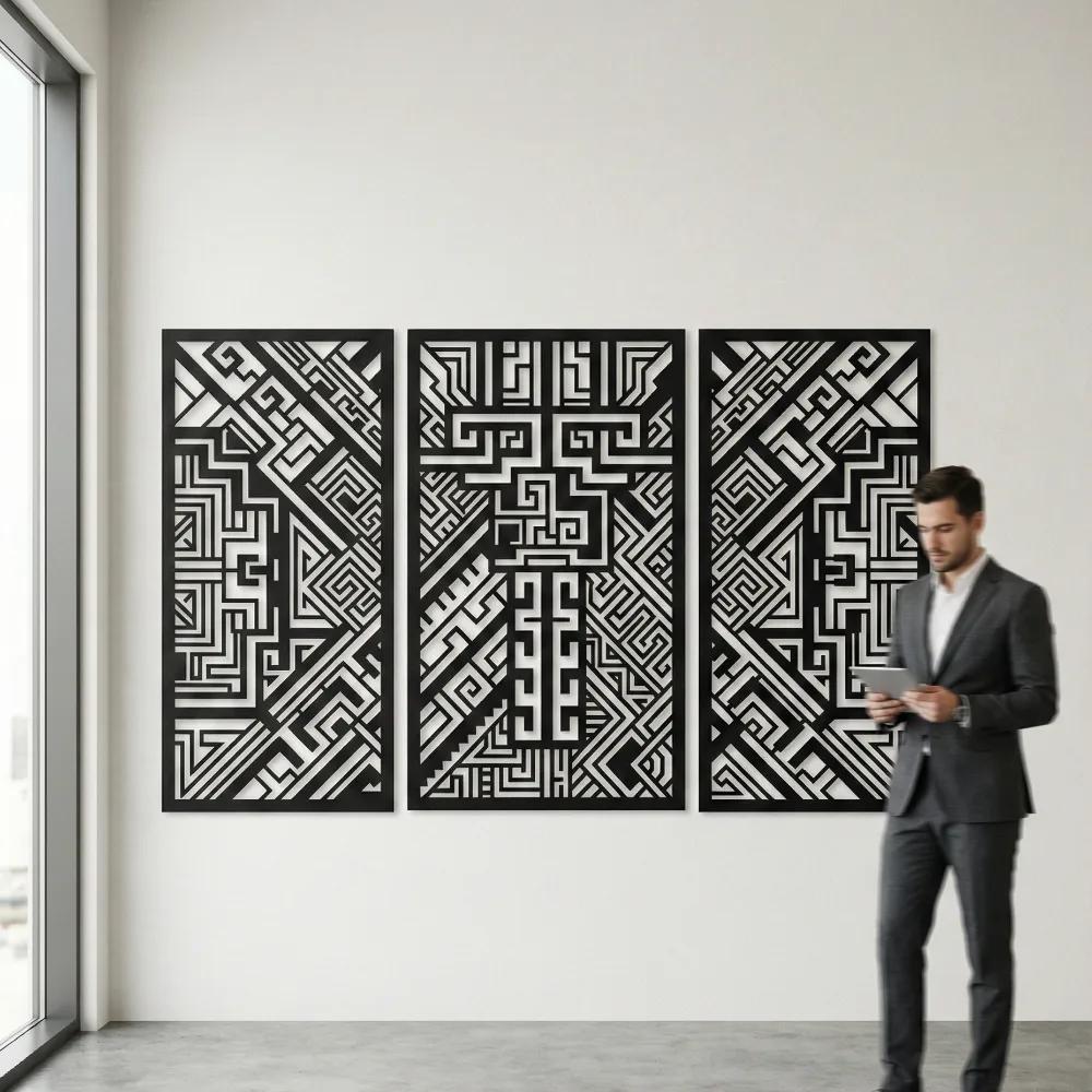 Geometric Aztec Metal Wall Art – Tribal Triptych, Living Room Statement Decor — 3