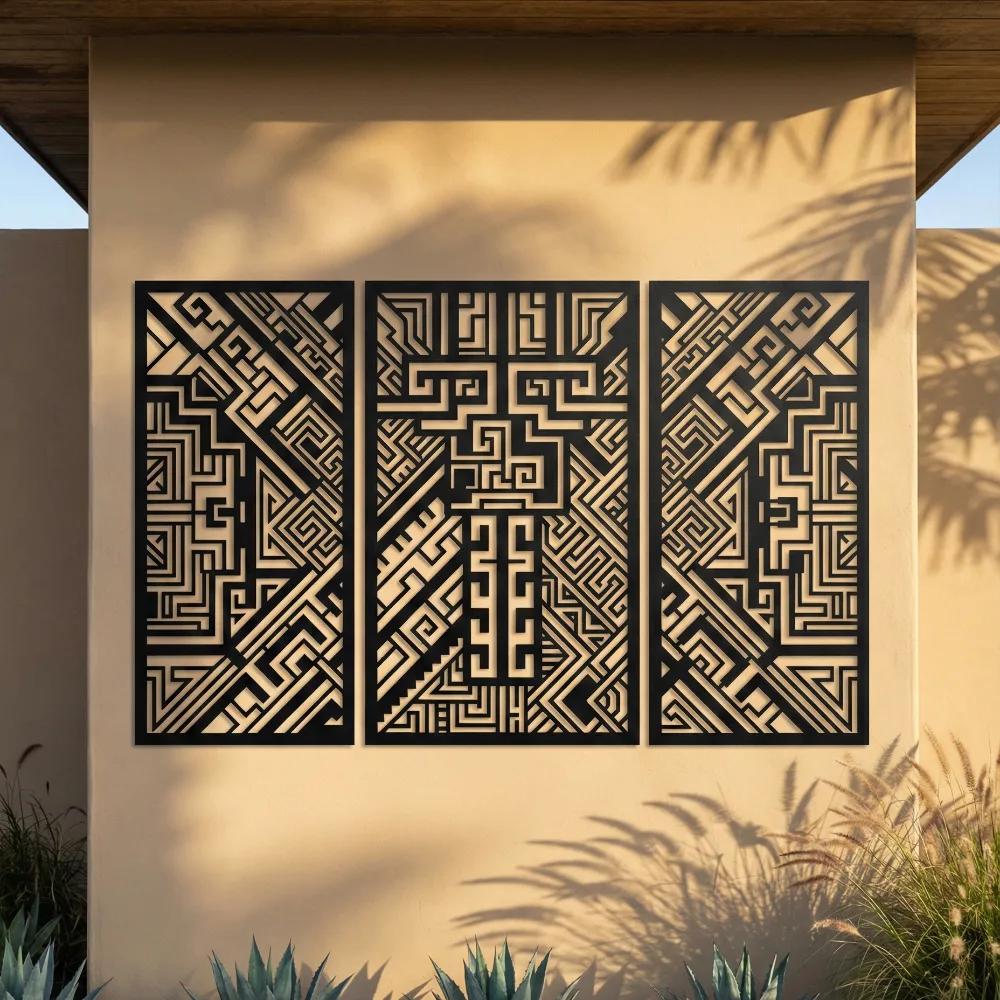 Geometric Aztec Metal Wall Art – Tribal Triptych, Living Room Statement Decor