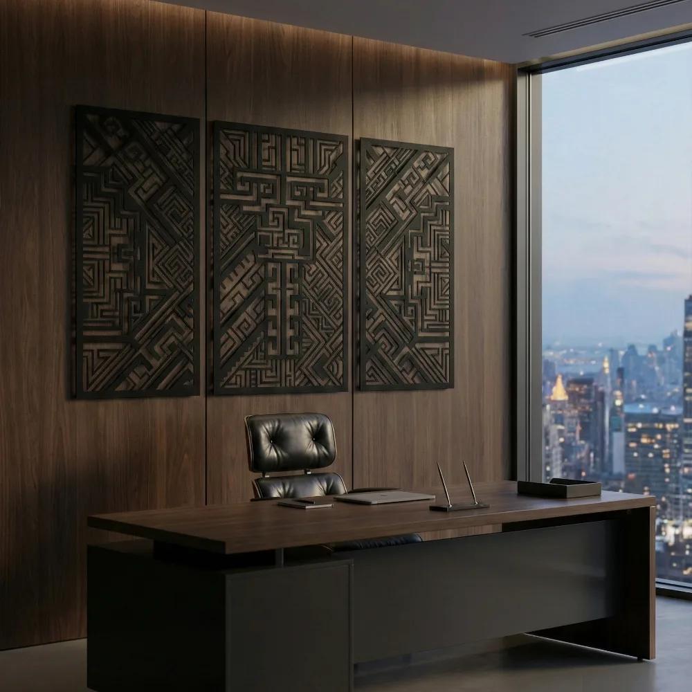 Geometric Aztec Metal Wall Art – Tribal Triptych, Living Room Statement Decor — 4