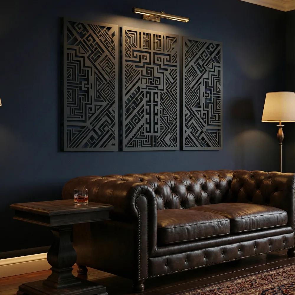 Geometric Aztec Metal Wall Art – Tribal Triptych, Living Room Statement Decor — 5