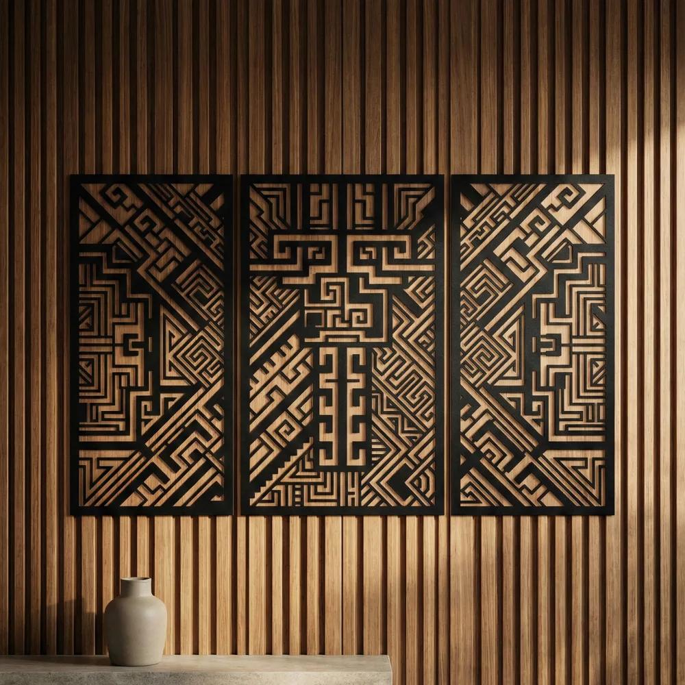 Geometric Aztec Metal Wall Art – Tribal Triptych, Living Room Statement Decor — 6