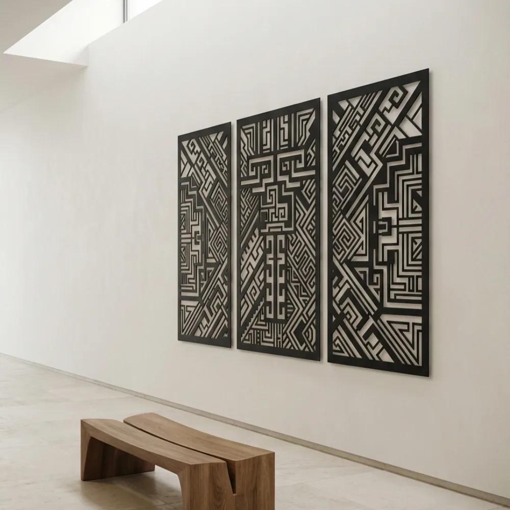 Geometric Aztec Metal Wall Art – Tribal Triptych, Living Room Statement Decor — 7