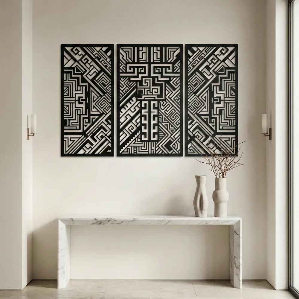 Geometric Aztec Metal Wall Art – Tribal Triptych, Living Room Statement Decor — 8