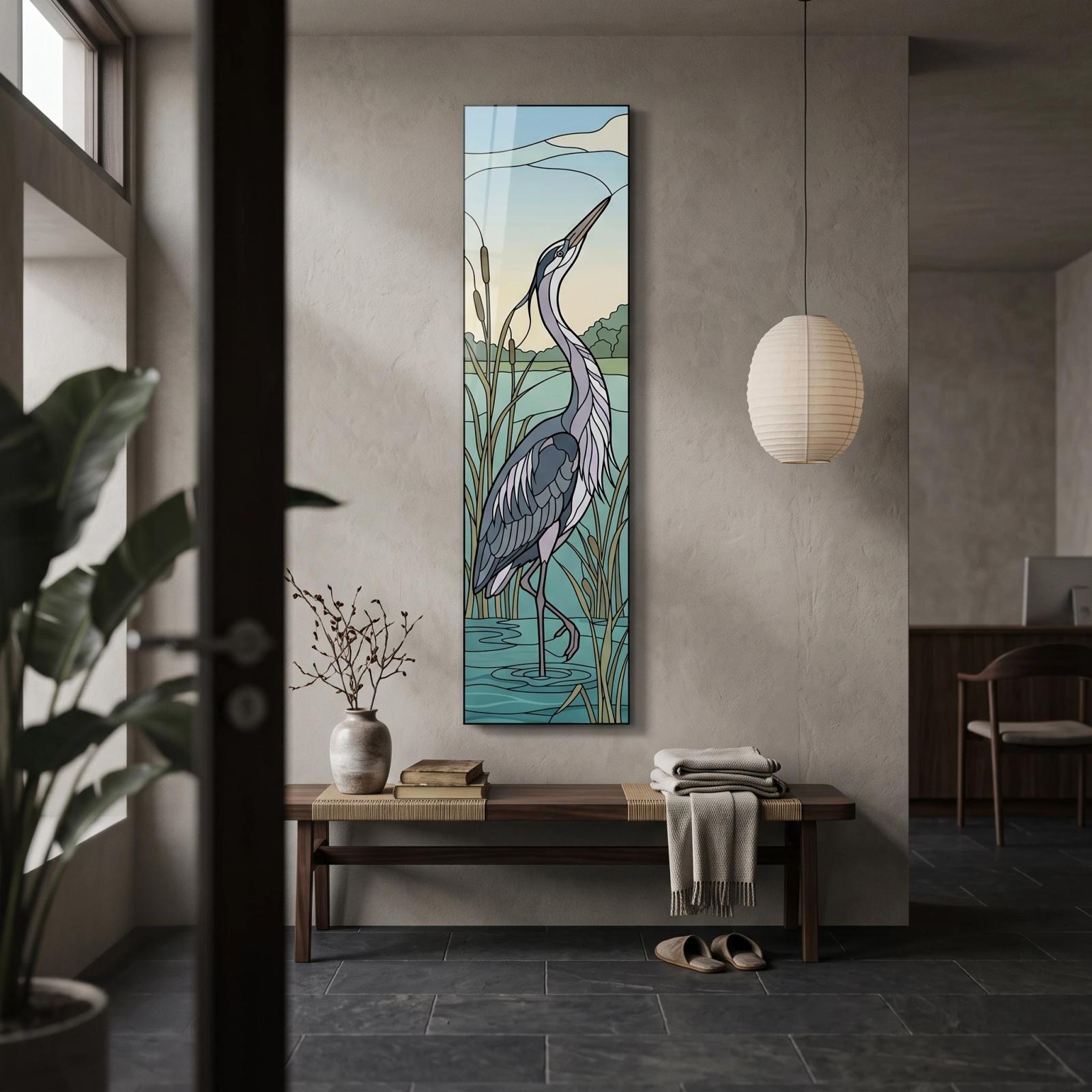 Blue Heron Glass Wall Art Stained Wetland Reeds Glass Wall Decor — 2