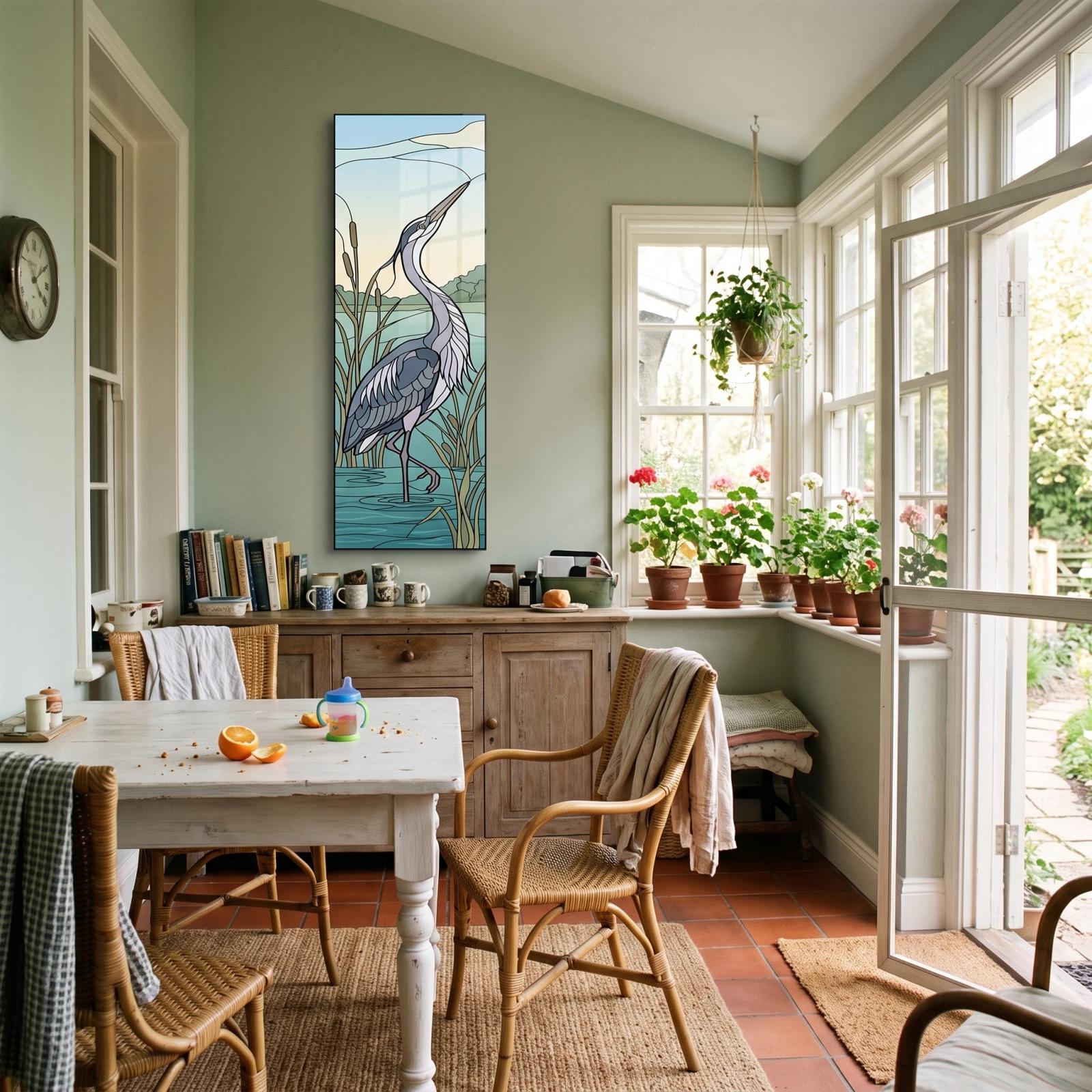 Blue Heron Glass Wall Art Stained Wetland Reeds Glass Wall Decor — 4
