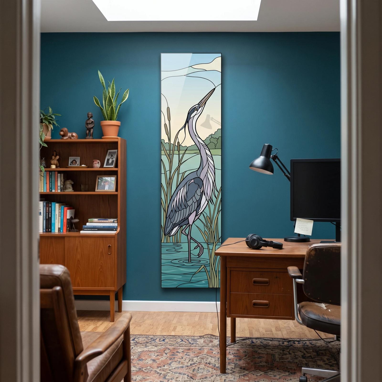 Blue Heron Glass Wall Art Stained Wetland Reeds Glass Wall Decor — 5