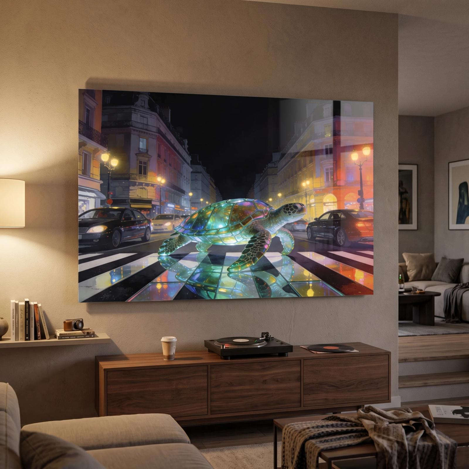 Surreal Sea Turtle City Night Glass Wall Art