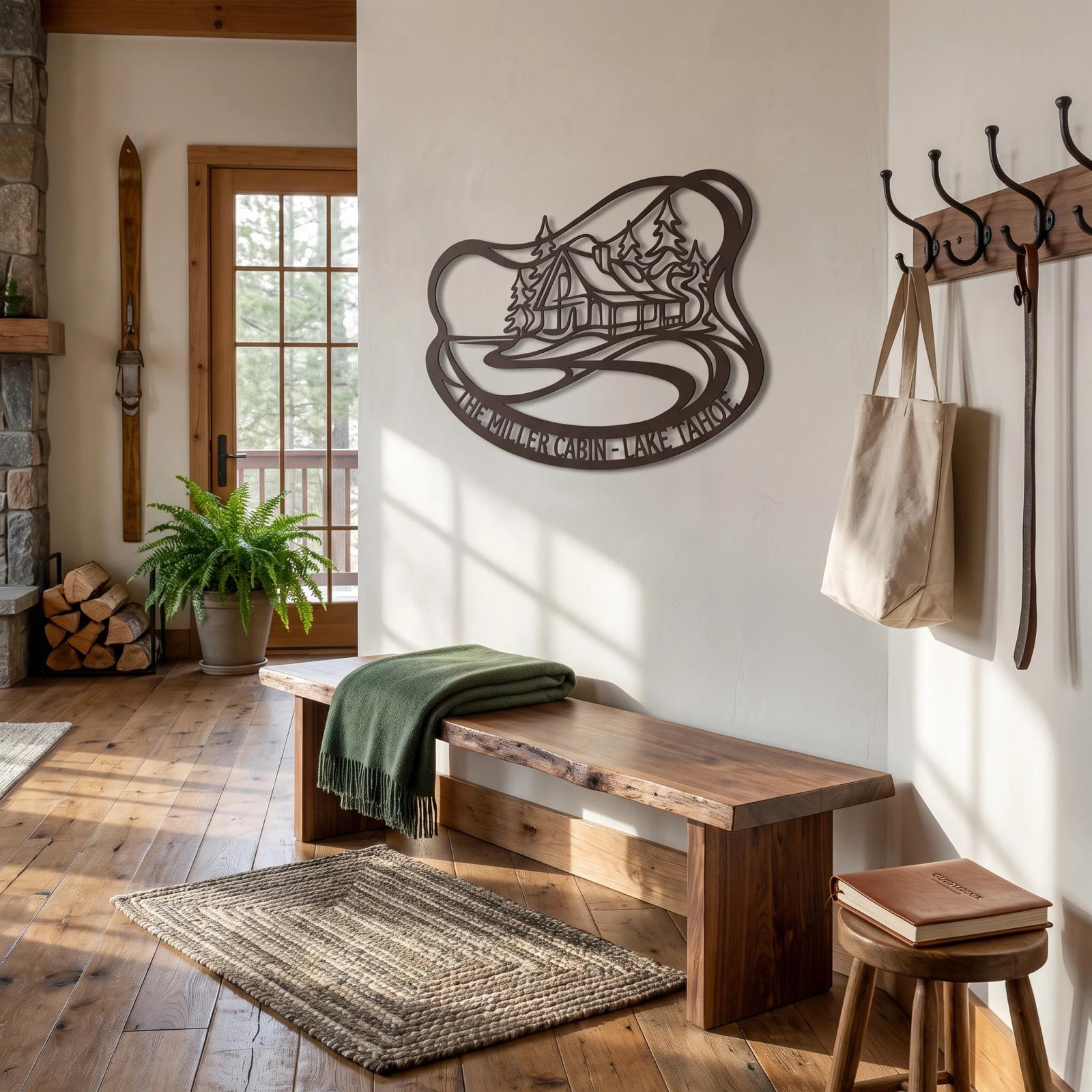 Custom Mountain Cabin Metal Wall Art – Tahoe Lodge, Rustic Farmhouse Decor