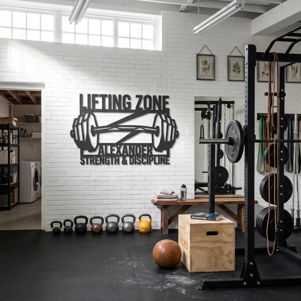 Lifting Zone Metal Wall Art – Personalized Barbell Sign, Home Gym Decor