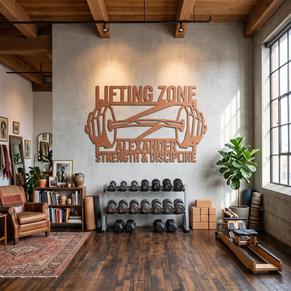 Lifting Zone Metal Wall Art – Personalized Barbell Sign, Home Gym Decor — 2