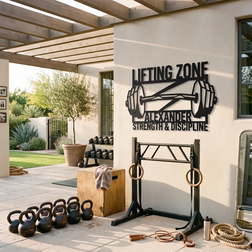 Lifting Zone Metal Wall Art – Personalized Barbell Sign, Home Gym Decor — 4