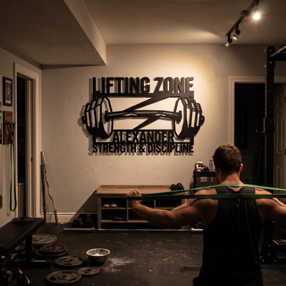 Lifting Zone Metal Wall Art – Personalized Barbell Sign, Home Gym Decor — 6
