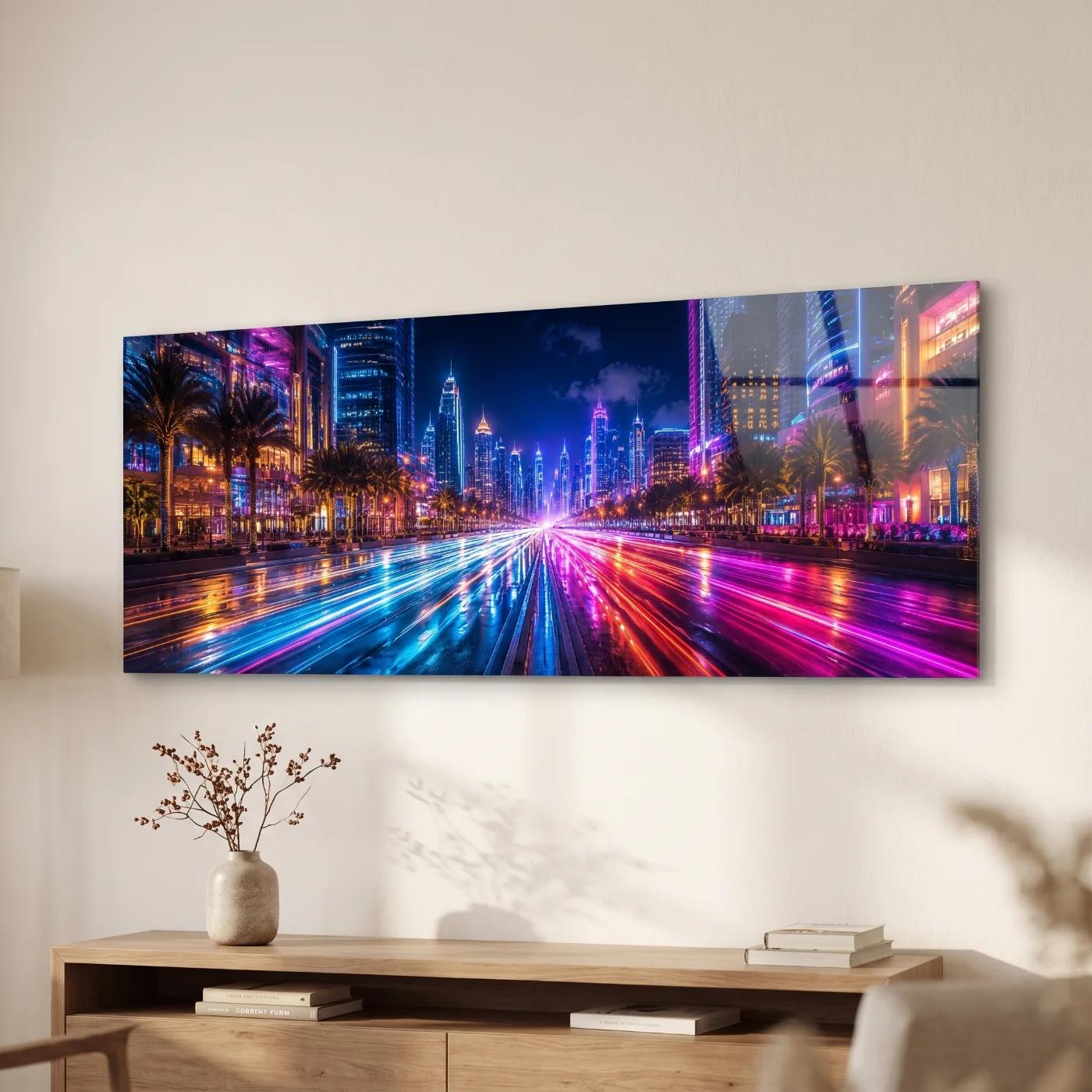 Neon City Skyline Wall Art Light Trails Cityscape | Glass Wall Art