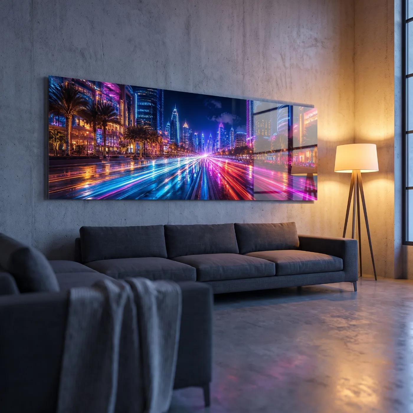 Neon City Skyline Wall Art Light Trails Cityscape | Glass Wall Art — 2