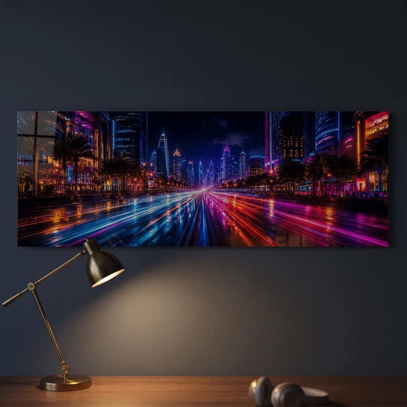 Neon City Skyline Wall Art Light Trails Cityscape | Glass Wall Art — 3