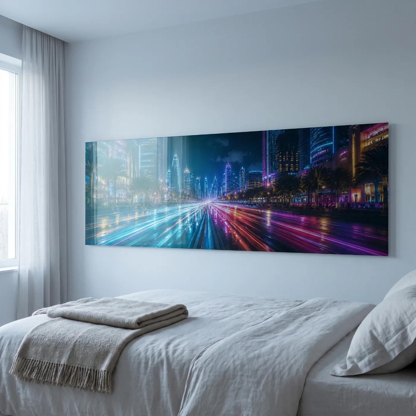 Neon City Skyline Wall Art Light Trails Cityscape | Glass Wall Art — 5