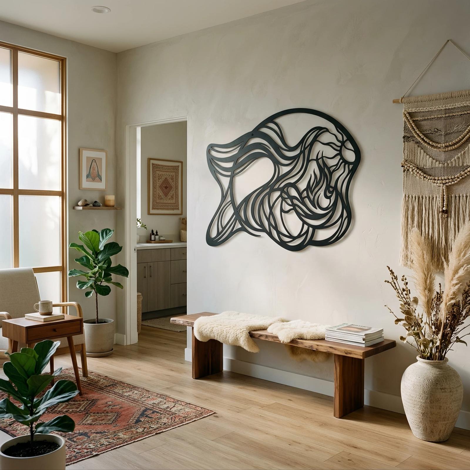 Flowing Hair Woman Metal Wall Art – Goddess Sun, Boho Entryway Decor — 8
