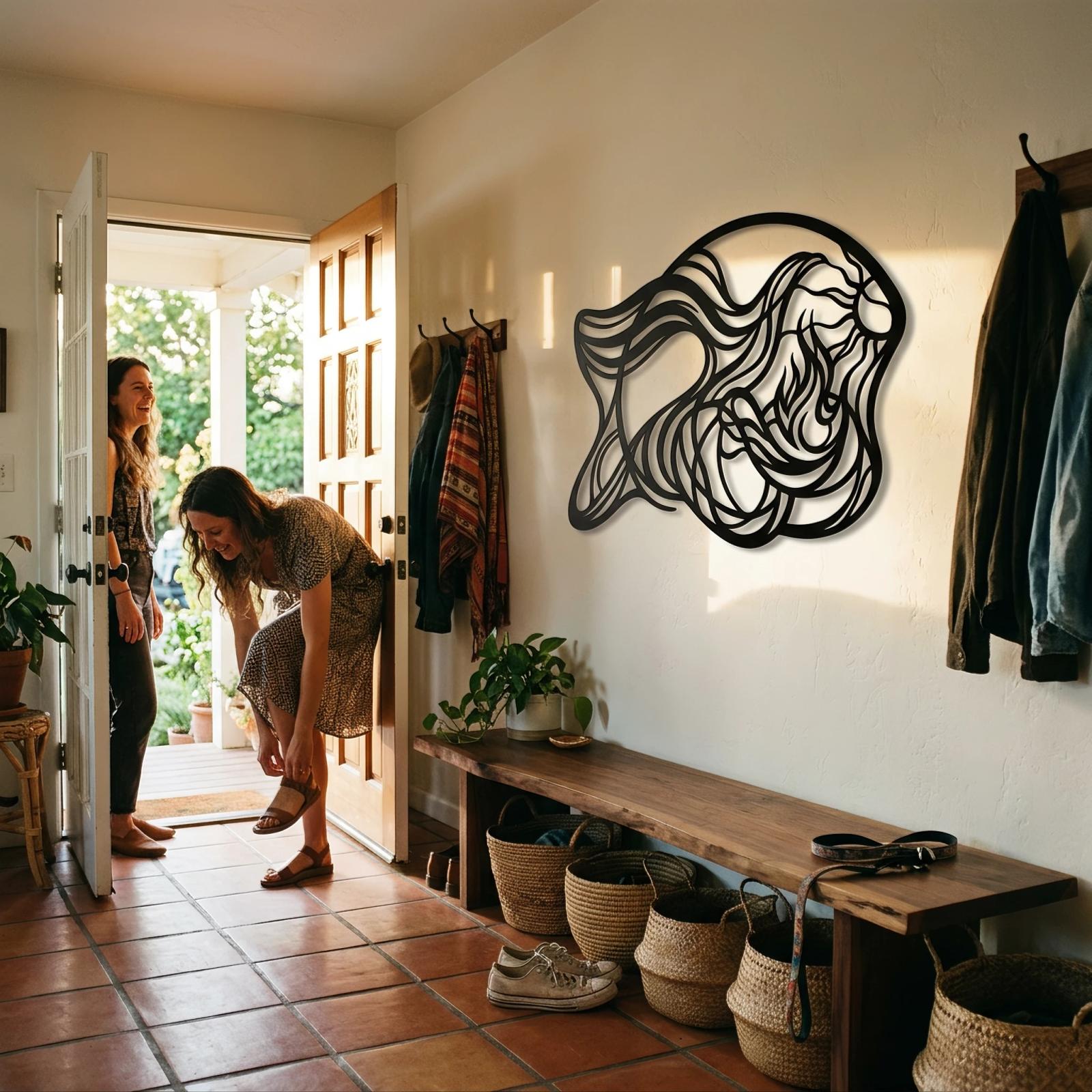 Flowing Hair Woman Metal Wall Art – Goddess Sun, Boho Entryway Decor — 9