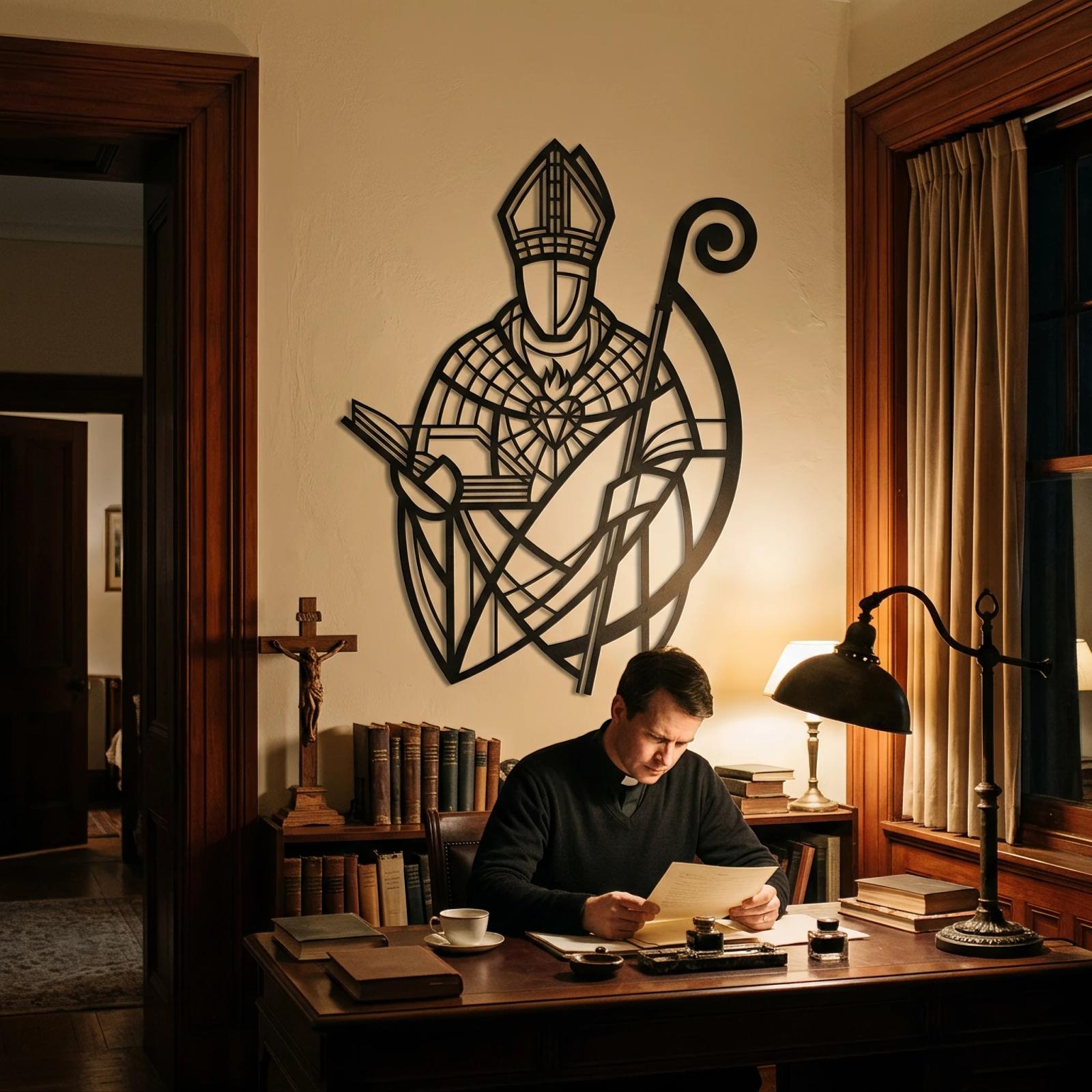 Saint Bishop Metal Wall Art – Sacred Heart Silhouette, Religious Home Office Decor — 6
