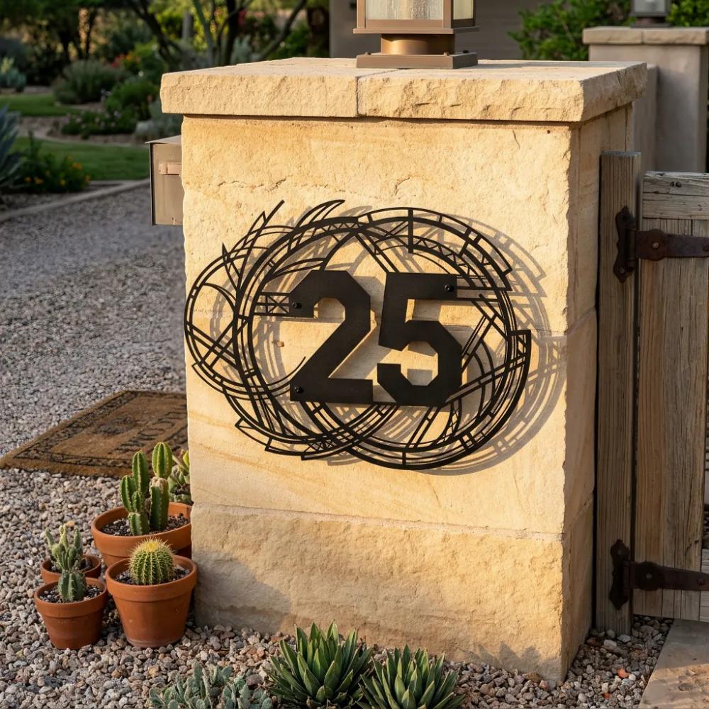 Custom Art Deco Metal House Number Sign – Deco Arrival, Geometric Porch Address Wall Decor — 4