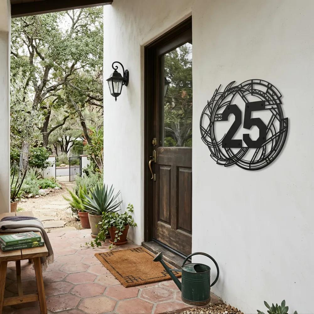 Custom Art Deco Metal House Number Sign – Deco Arrival, Geometric Porch Address Wall Decor — 5