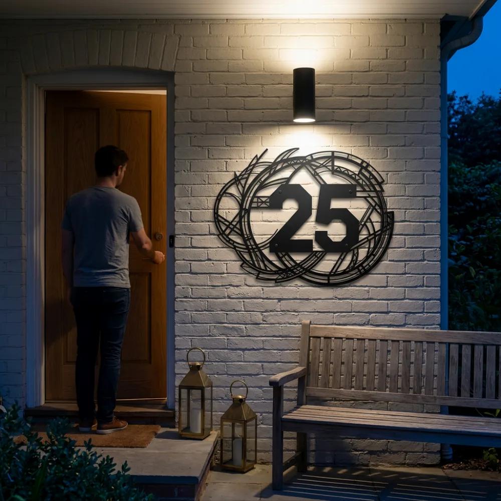Custom Art Deco Metal House Number Sign – Deco Arrival, Geometric Porch Address Wall Decor — 6