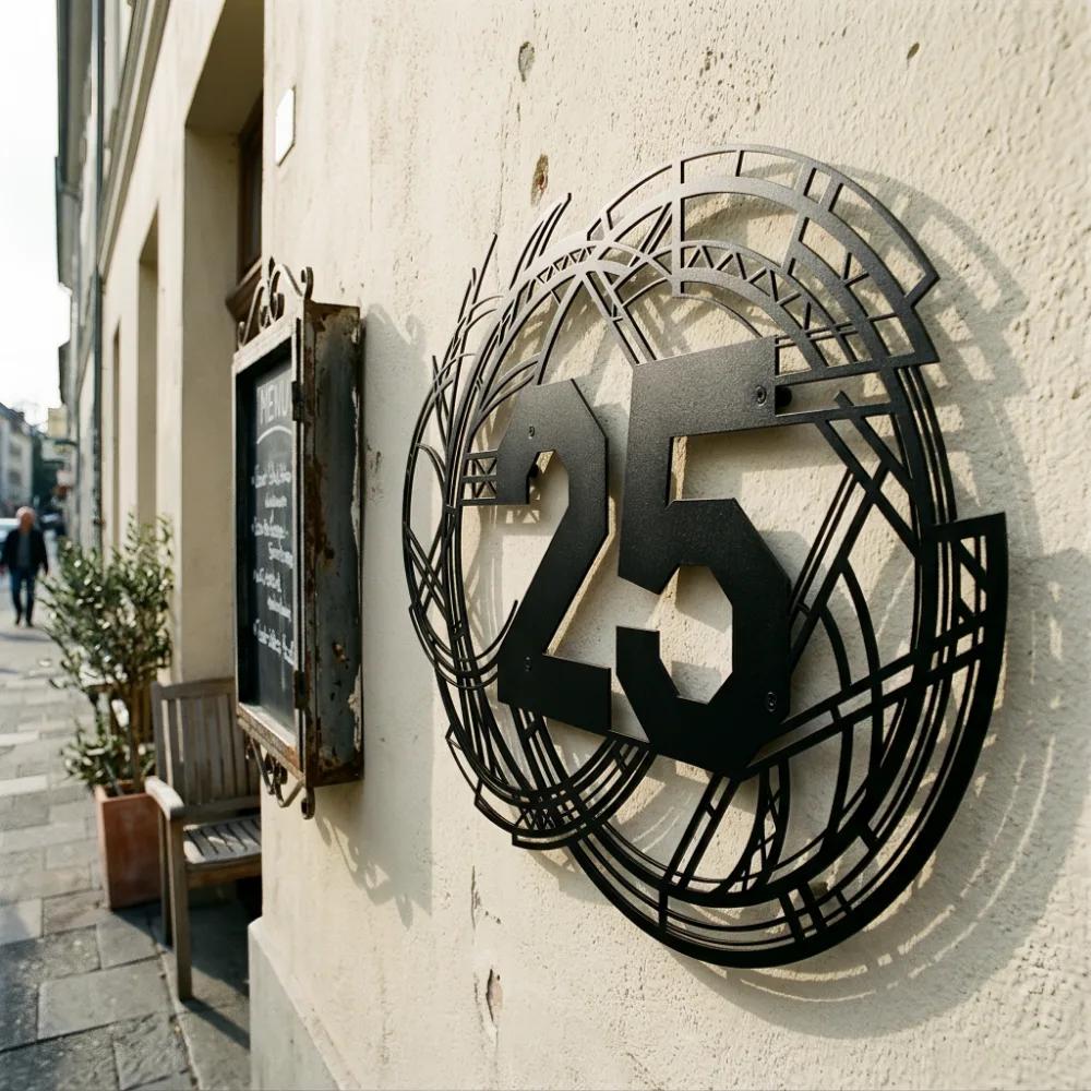 Custom Art Deco Metal House Number Sign – Deco Arrival, Geometric Porch Address Wall Decor — 7