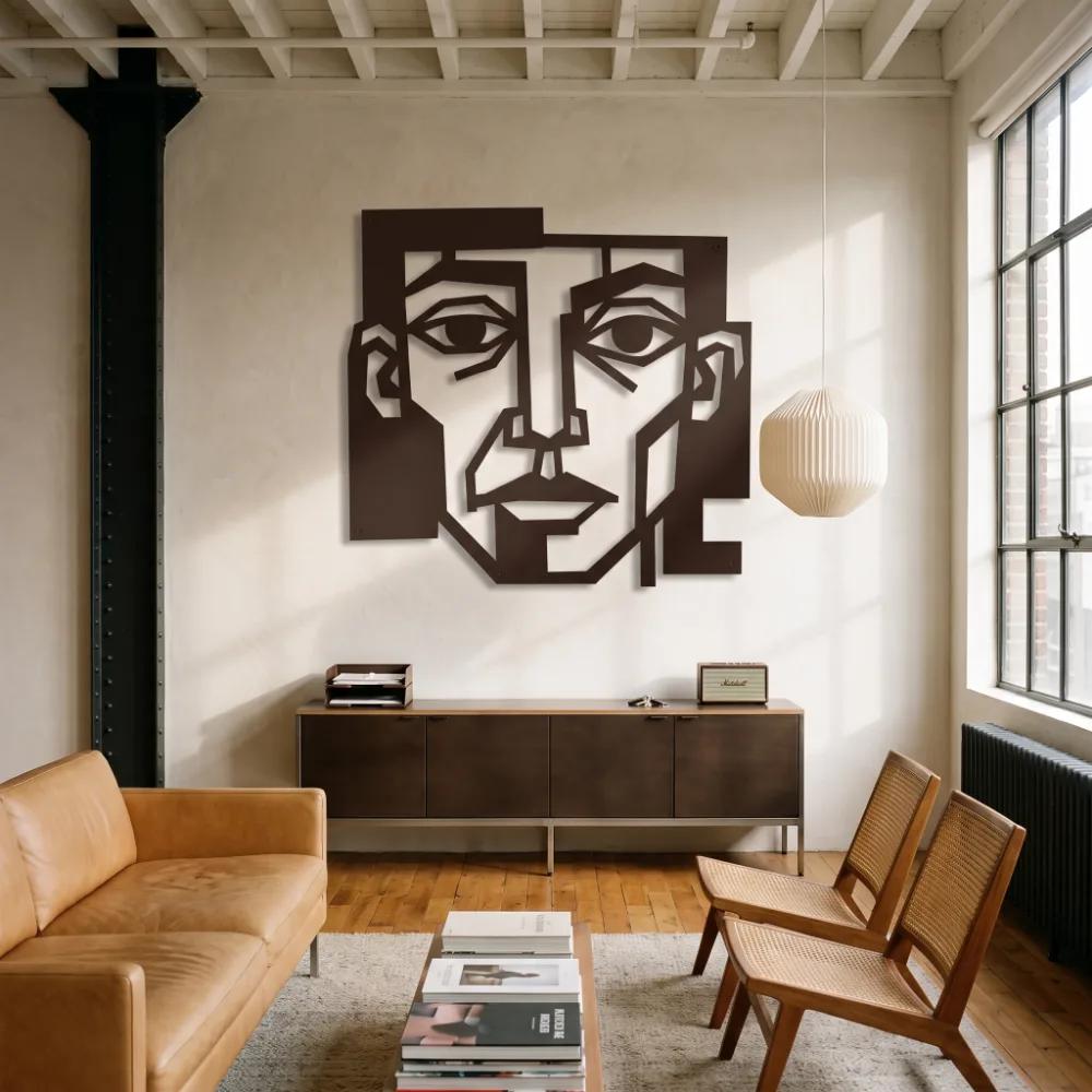 Cubist Man Portrait Metal Wall Art – Basalt Gaze, Modern Living Room Decor