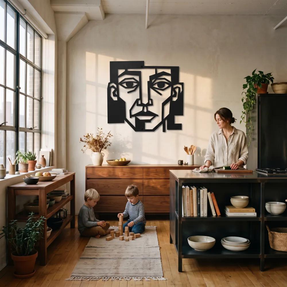 Cubist Man Portrait Metal Wall Art – Basalt Gaze, Modern Living Room Decor — 9