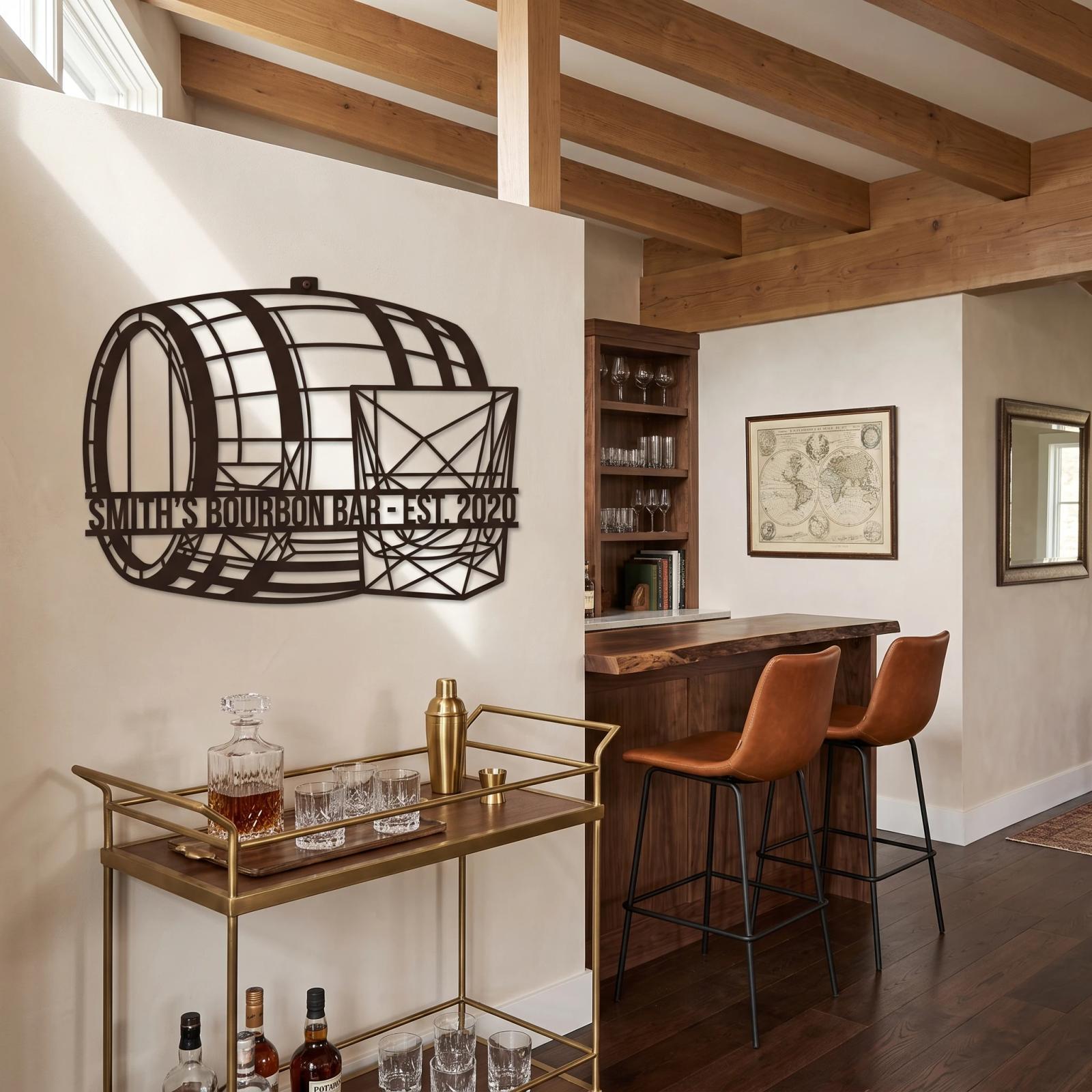 Custom Bourbon Bar Metal Sign – Heritage Whiskey Barrel, Man Cave & Home Pub Decor