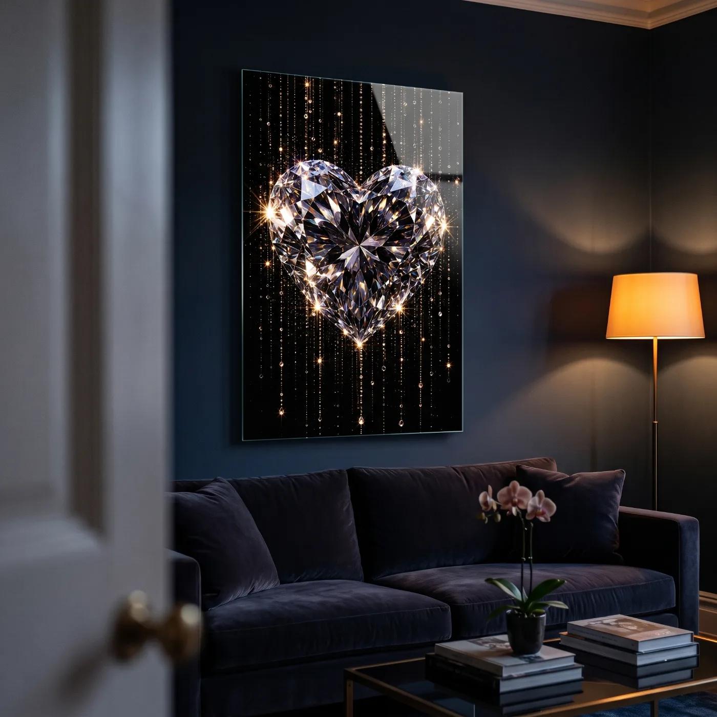Diamond Heart Glass Wall Art Sparkling Love Motif | Glass Wall Art — 2
