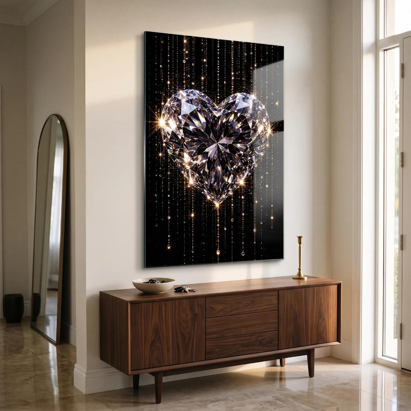 Diamond Heart Glass Wall Art Sparkling Love Motif | Glass Wall Art — 3