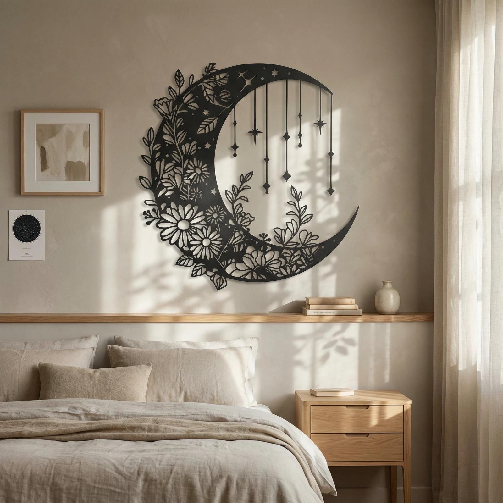 Floral Moon and Stars Metal Wall Art – Dreamy Crescent, Boho Bedroom Decor — 2