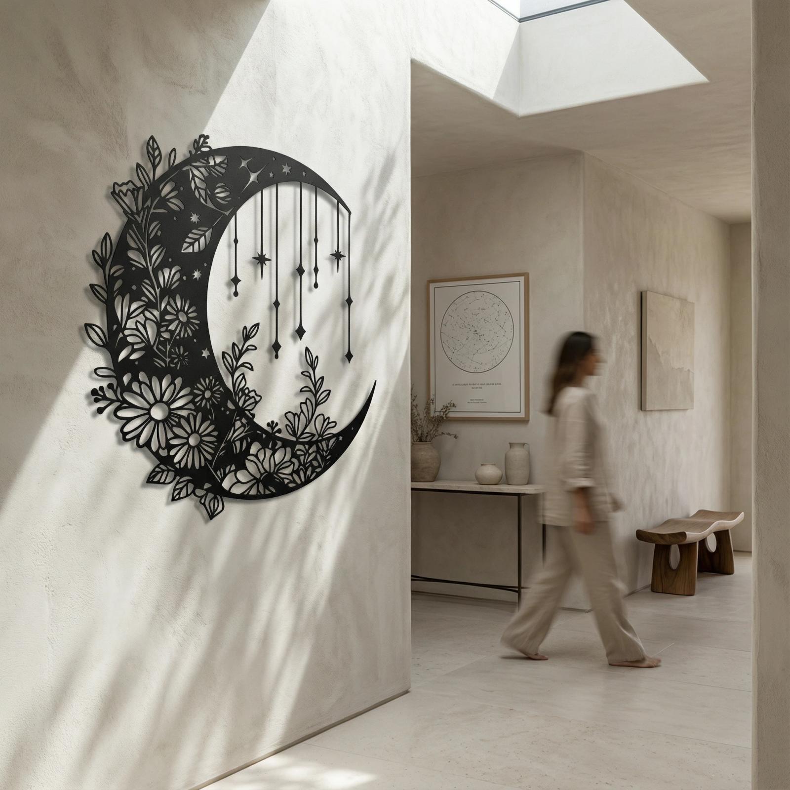 Floral Moon and Stars Metal Wall Art – Dreamy Crescent, Boho Bedroom Decor — 3