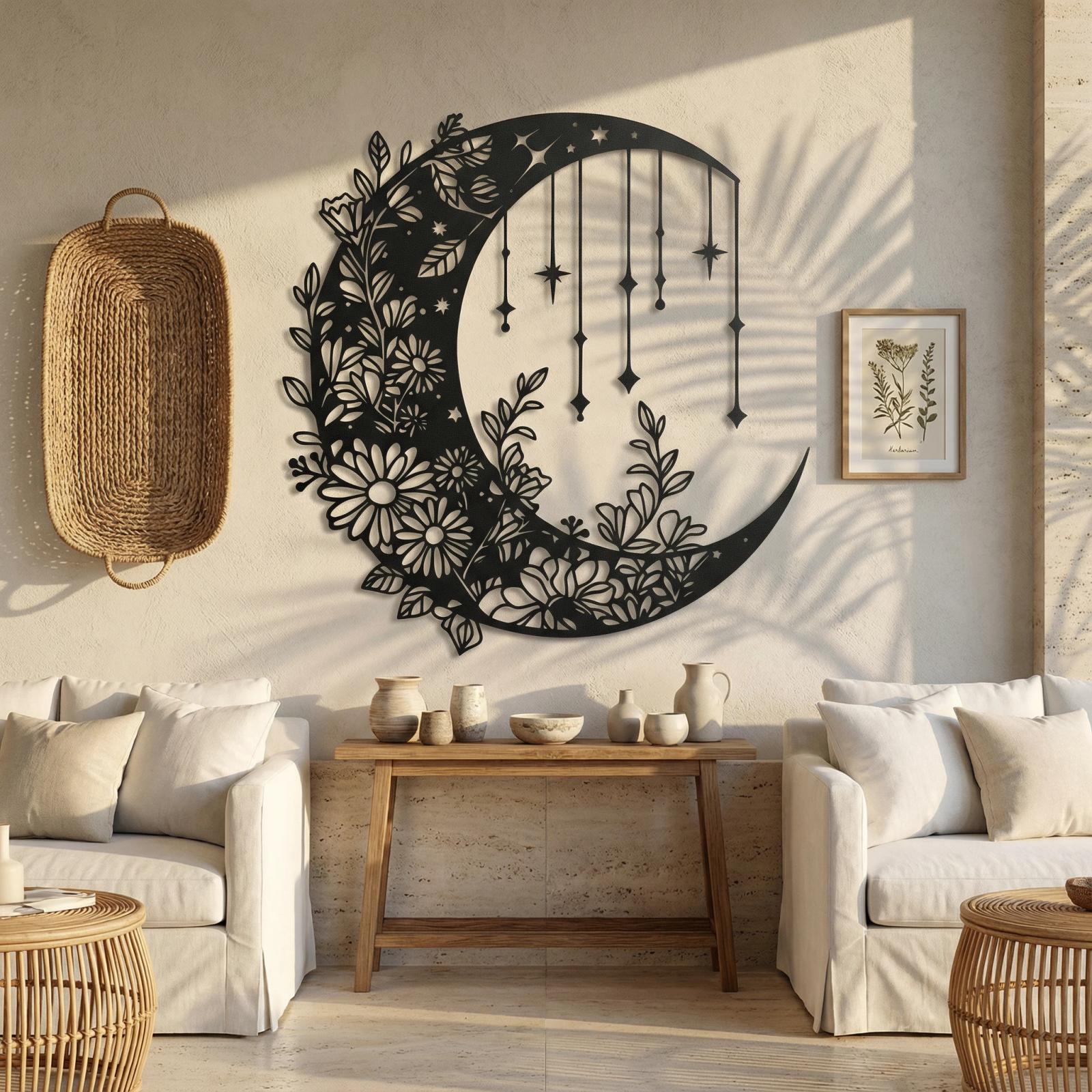 Floral Moon and Stars Metal Wall Art – Dreamy Crescent, Boho Bedroom Decor — 4