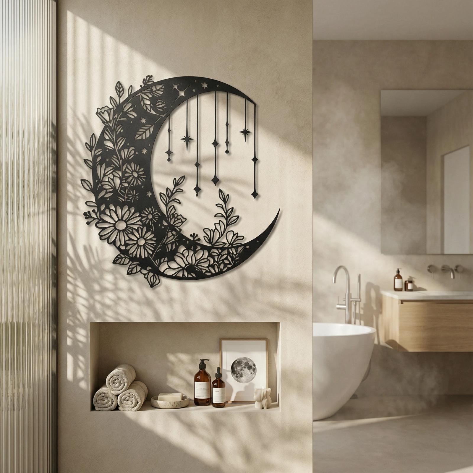 Floral Moon and Stars Metal Wall Art – Dreamy Crescent, Boho Bedroom Decor — 5
