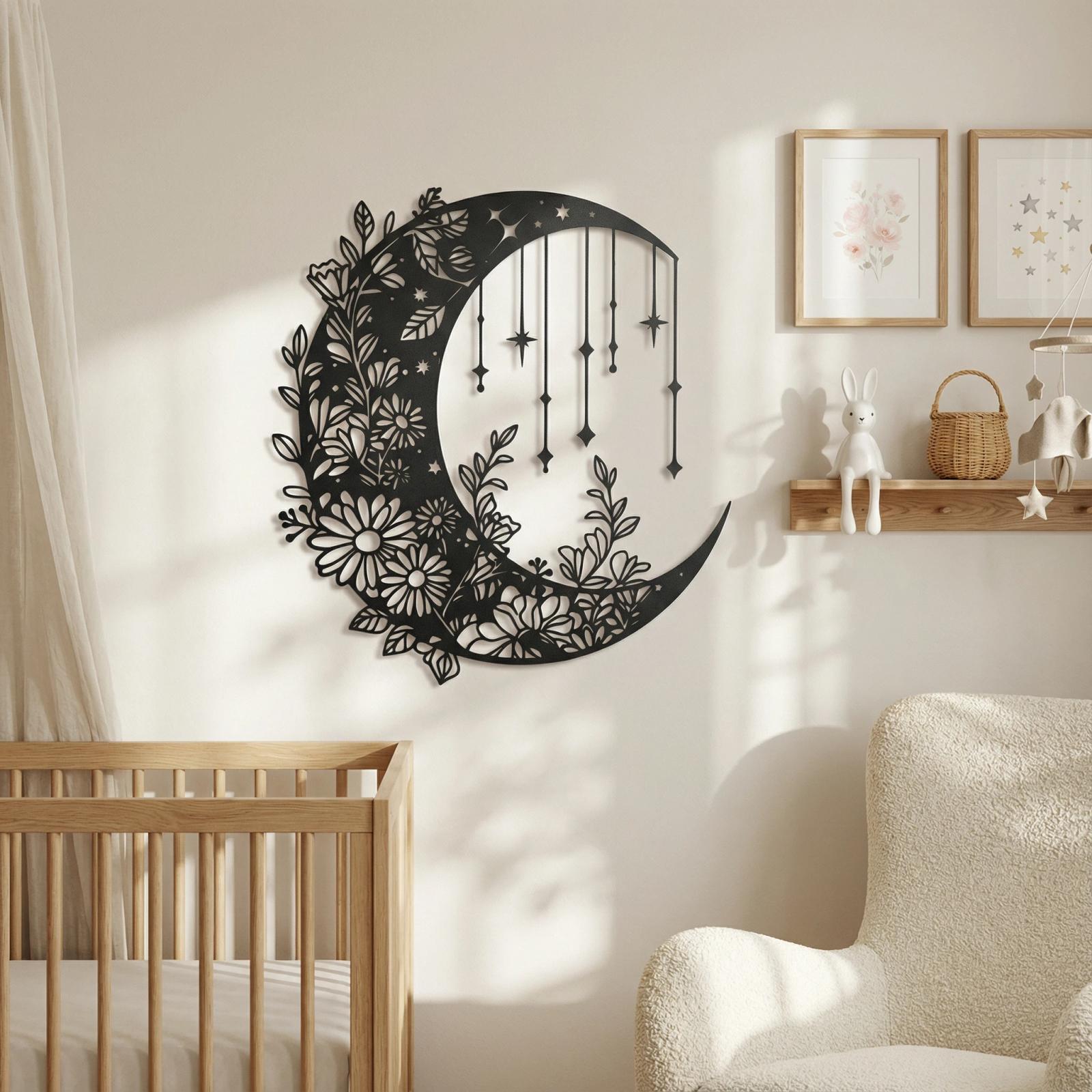 Floral Moon and Stars Metal Wall Art – Dreamy Crescent, Boho Bedroom Decor — 6