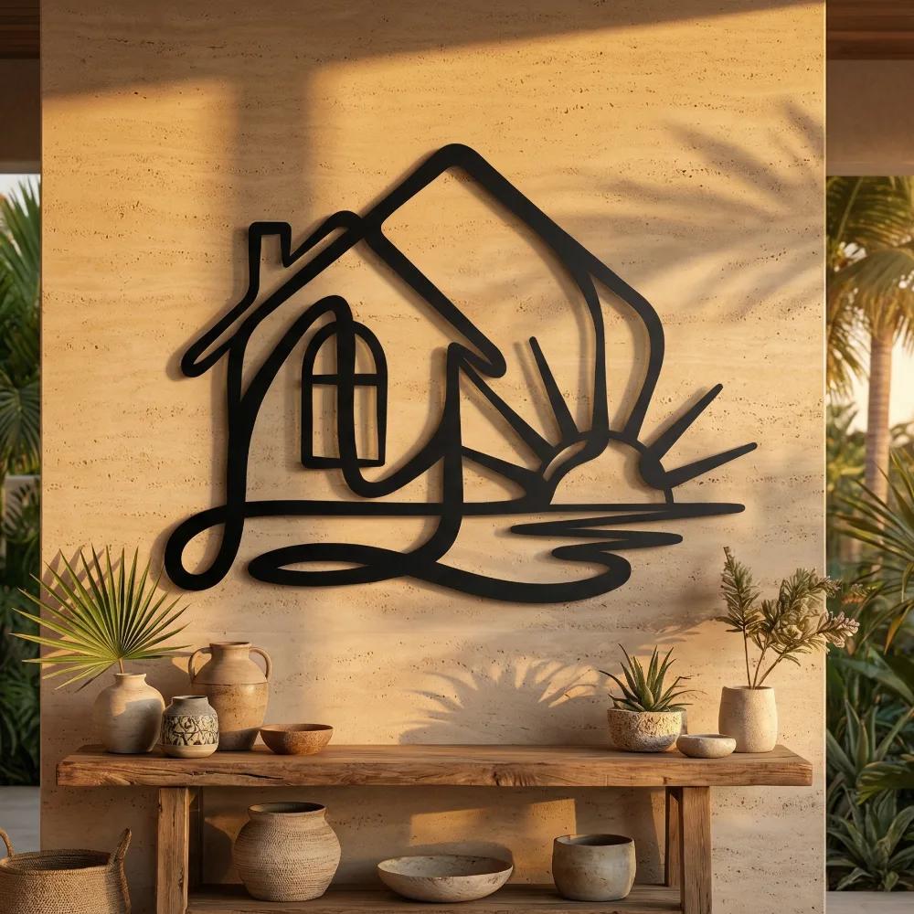 Minimalist House Sunrise Metal Wall Art – Sunlit Home, Entryway Decor
