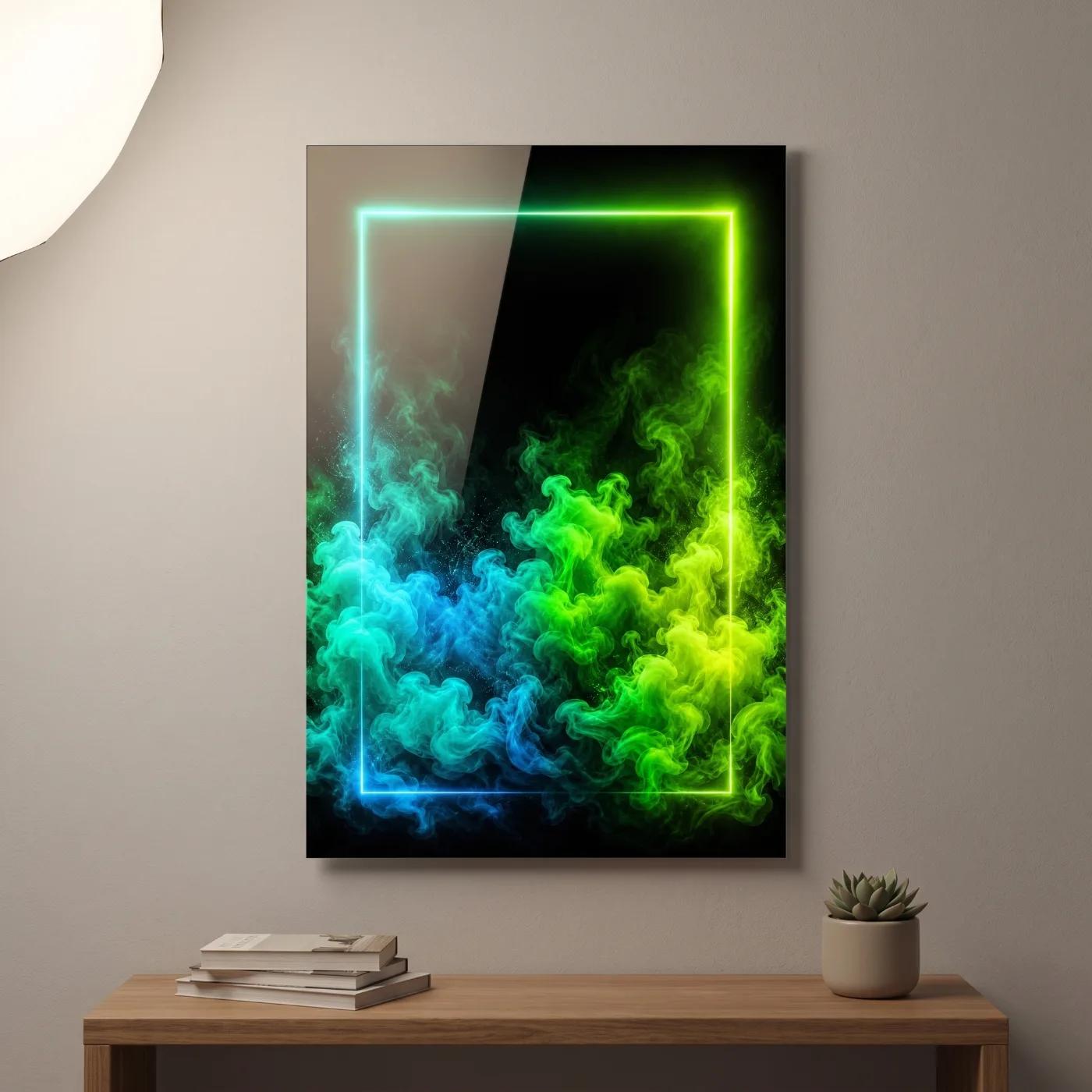 Neon Smoke Glass Wall Art Green Blue Abstract | Glass Wall Decor