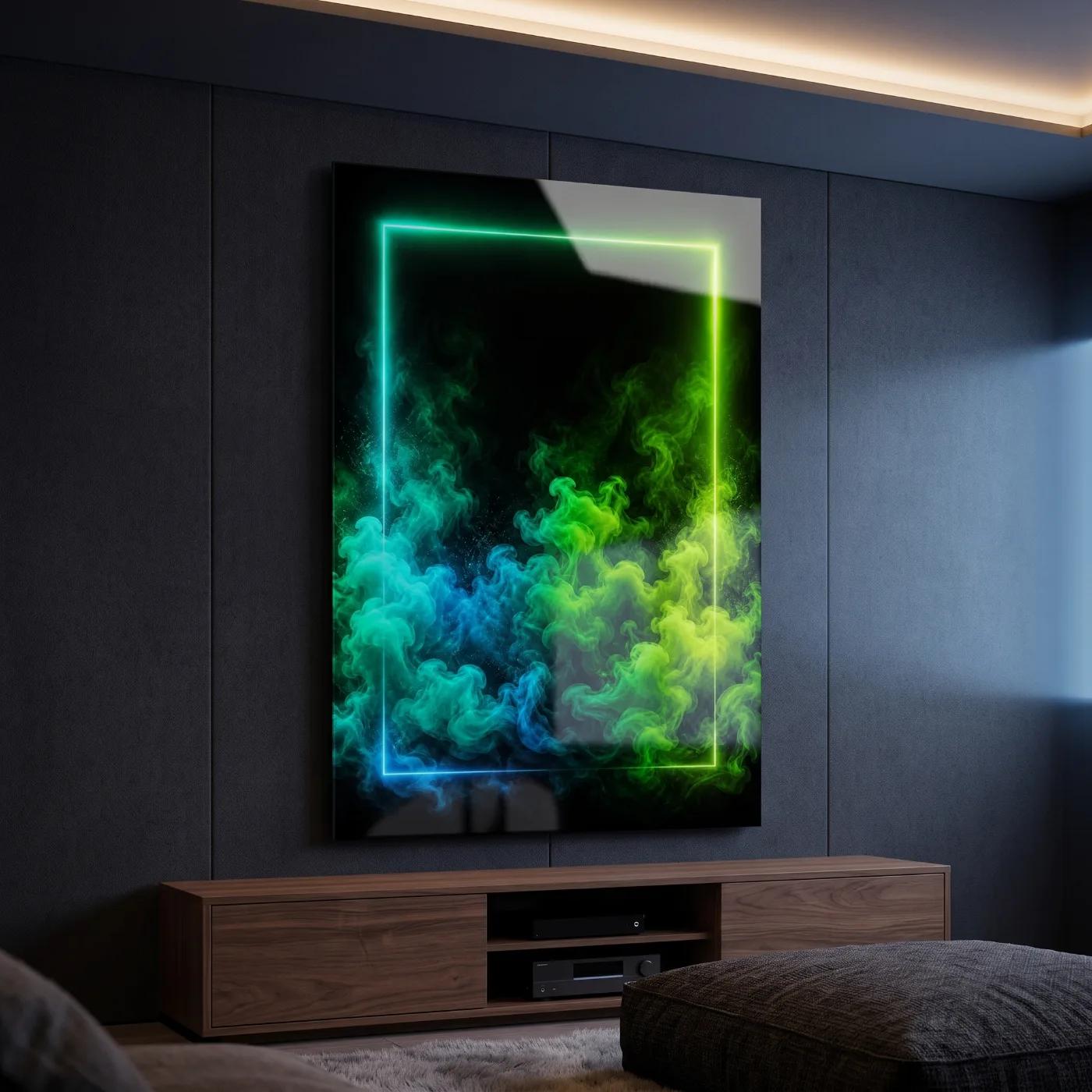 Neon Smoke Glass Wall Art Green Blue Abstract | Glass Wall Decor — 2