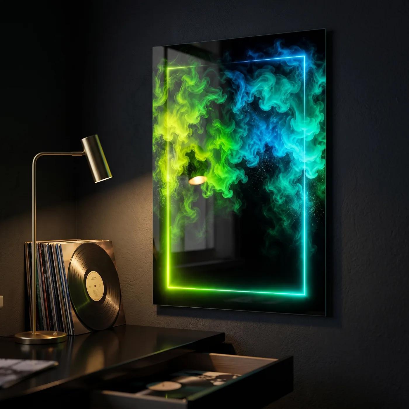 Neon Smoke Glass Wall Art Green Blue Abstract | Glass Wall Decor — 3
